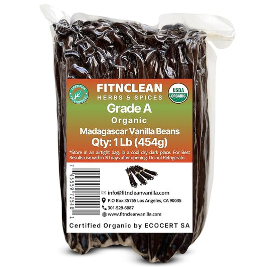 1Lb Organic Madagascar Vanilla Beans Grade A. Certified USDA Organic. 7"-8" by FITNCLEAN VANILLA for Chefs, Cooking, Extract. 16oz Bourbon Fresh NON-GMO Whole Gourmet Pods