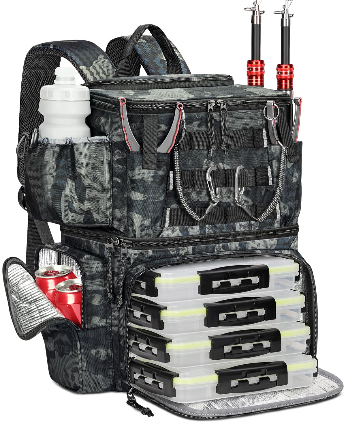 MATEIN Cooler Fishing Backpack with 4 Tackle Boxes, Fishing Bag Rod Holders