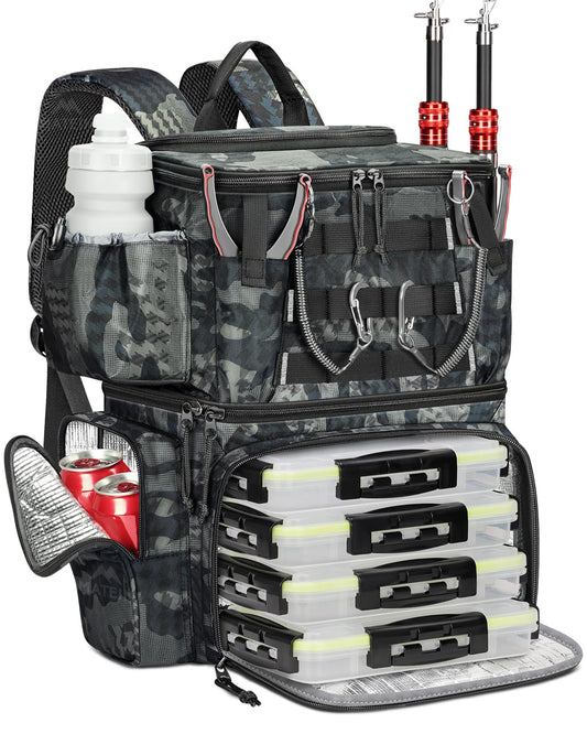 MATEIN Cooler Fishing Backpack with 4 Tackle Boxes, Fishing Bag Rod Holders