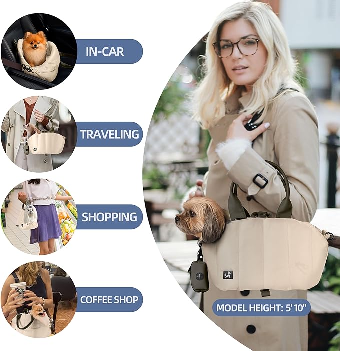 Sytopia Small Dog Carrier Purse, Portable Pet Carrier Tote Carrier with Pockets, Adjustable Safety Leash, Waterproof Dog Travel Bag, Travel Pets Purse up to 4 Lbs, Cream Beige