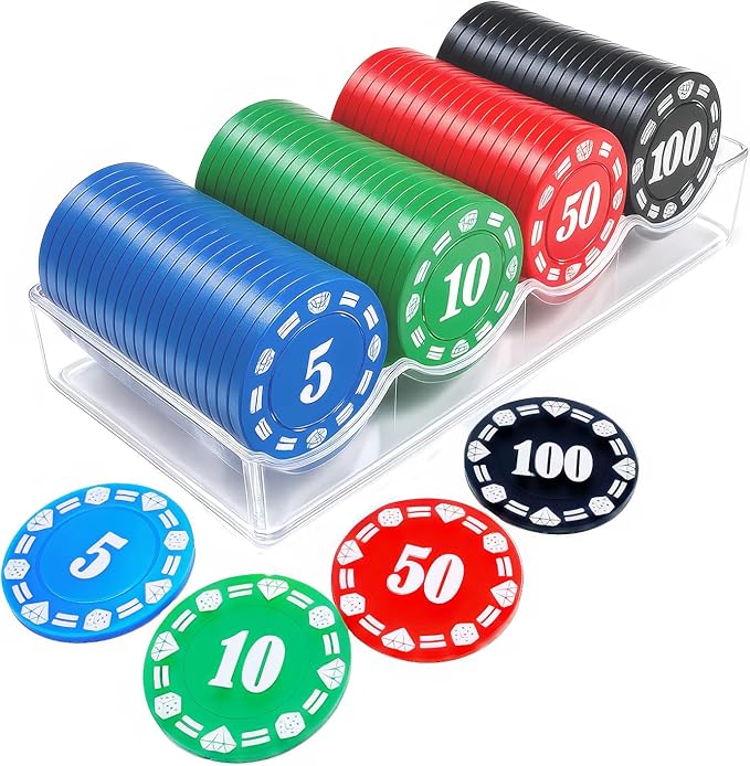 Plastic Poker Chips Set of 100 Pcs with Storage Box,Denomination Printed Casino Style Chip for Texas Home Game Holdem Poker Nights,Blackjack,Roulette Games