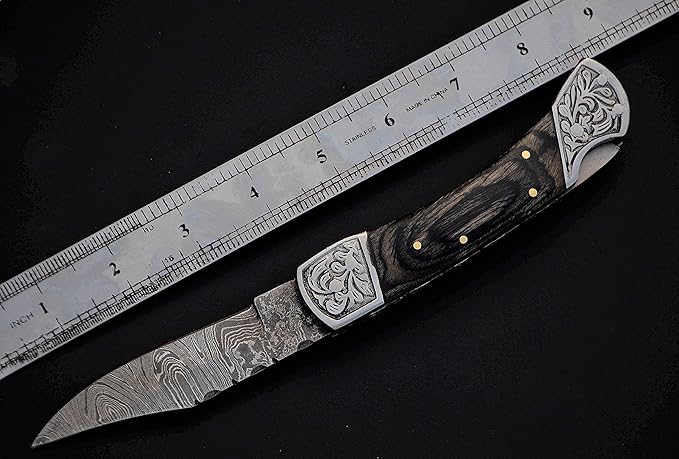 8.5" long Folding Knife, Wood Scale with Engraved steel bolster, custom made 4.25" Hand Forged Damascus steel blade Cow hide leather sheath with belt loop (Black)