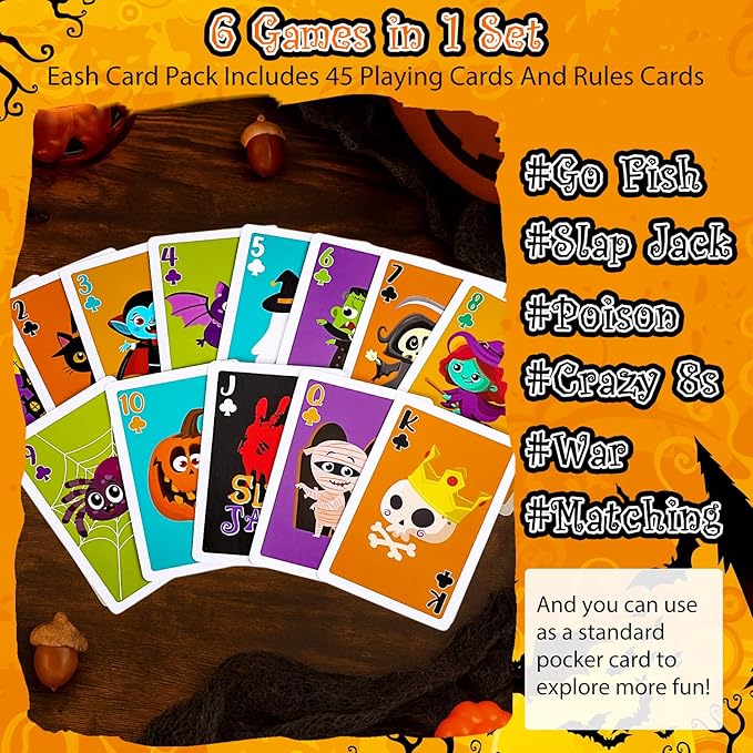 1 Deck 6 In1 Halloween Kids Card Games Go Fish Old Maid Slap Jack for Ages 4 and up Boys Girls Family Board Game Night Basket Stuffers Party Favor Gift Classroom Activity Supply 2-6 Players