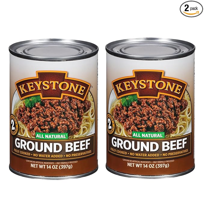 Keystone Meats All Natural Heat and Serve Ground Beef 14 Oz Fully Cooked Canned Meat Shelf Stable Emergency Survival Canned Food Ready to Eat No Preservatives Gluten Free Made in USA Pack of 2