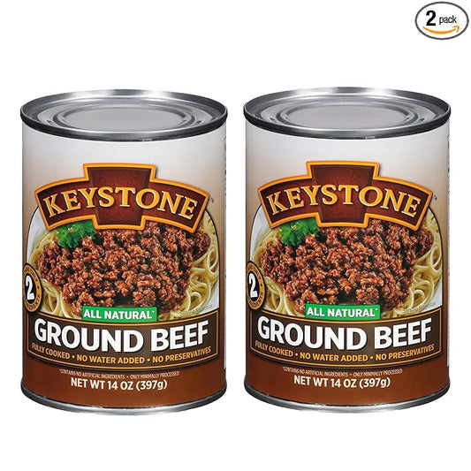 Keystone Meats All Natural Heat and Serve Ground Beef 14 Oz Fully Cooked Canned Meat Shelf Stable Emergency Survival Canned Food Ready to Eat No Preservatives Gluten Free Made in USA Pack of 2