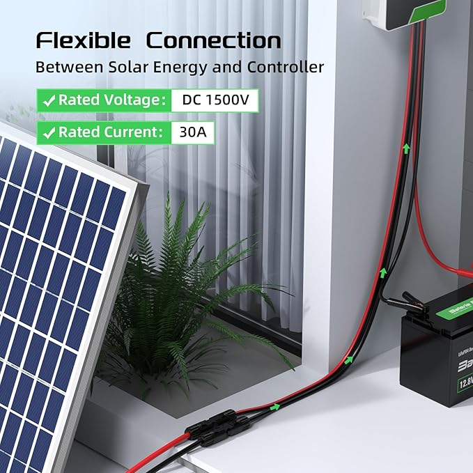 Bateria Power 10 Feet 12AWG Solar Panel Extension Cable, 6mm² Twin Wire Conductor Parallel Solar Wire Adapter Kit with Waterproof Female & Male Solar Connectors for RV, Marine, Photovoltaic Systems