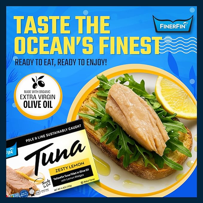 FinerFin Yellowfin Tuna Salad in Organic Olive Oil | Zesty Lemon Flavor | Premium Canned Tuna Fish with EVOO | Gourmet Ready-to-Eat Wild-Caught Fillets | 4.4oz can - 6 Pack