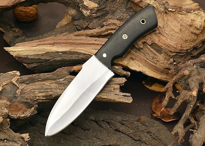 Hunting Knife 1075 Carbon Steel and Micarta Handle - Fixed Blade Made Camping Knives - Bushcraft Knife - Survival Knives with Leather Sheath