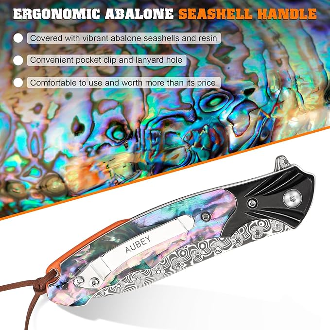 AUBEY Damascus Pocket Knife for Women Men, 3.43" VG10 Damascus Steel Blade Knife with Clip, EDC Folding Knives with Abalone Shell Handle, Gift for Camping Outdoor Hunting Hiking Collection
