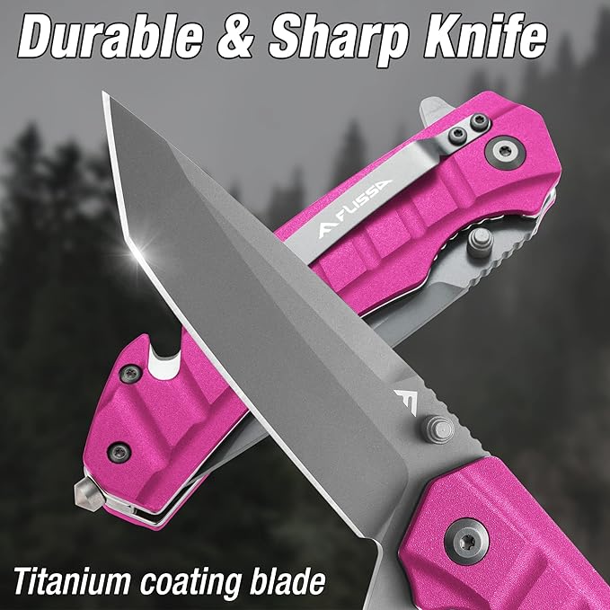 FLISSA Folding Pocket Knife, Tactical Knife with Liner Lock, Tanto Blade, Pocket Clip, Glass Breaker, Seatbelt Cutter, Perfect for Hunting, Camping, Survival (Pink)