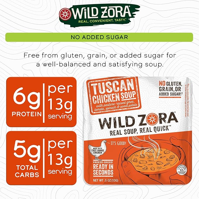 Wild Zora Instant Keto-Friendly Soups Tuscan Chicken 8-pack Broth Made with Free-Range Chicken, and Vegetables, Gluten-Free, Low Carb, No Added Sugar, Flavorful Pantry Staples - 0.5oz/13g