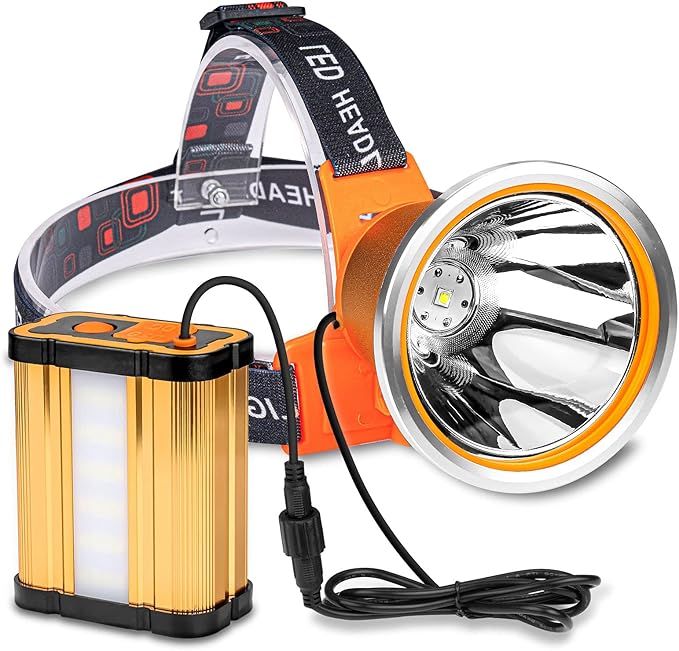 Super Bright Rechargeable LED Headlamp Flashlight with 3 Lighting Modes, External Battery Pack, Waterproof Portable Headlight for Camping, Hiking, Biking, Hunting, Fishing, Outdoor Adventures
