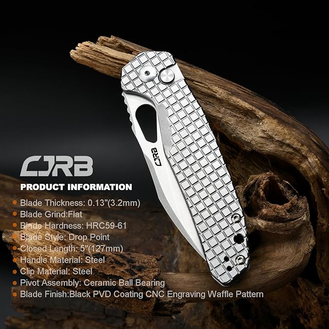 CJRB Frack Pocket Knife, 3.9" AR-RPM9 Steel Blade PVD Coating Frag Pattern Steel Handle EDC Knife, Button Lock Knife for Outdoor Camping Gift, Stonewash (J1931)