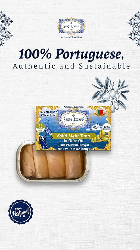 Santo Amaro - Artisanal Wild Tuna Fillets in Virgin Olive Oil, Hand-Packed Canned Tuna from Portugal, Atlantic Natural Tuna, Pole & Line Skipjack Tuna Canned, Low Mercury, 22g Protein Keto, Pack of 6