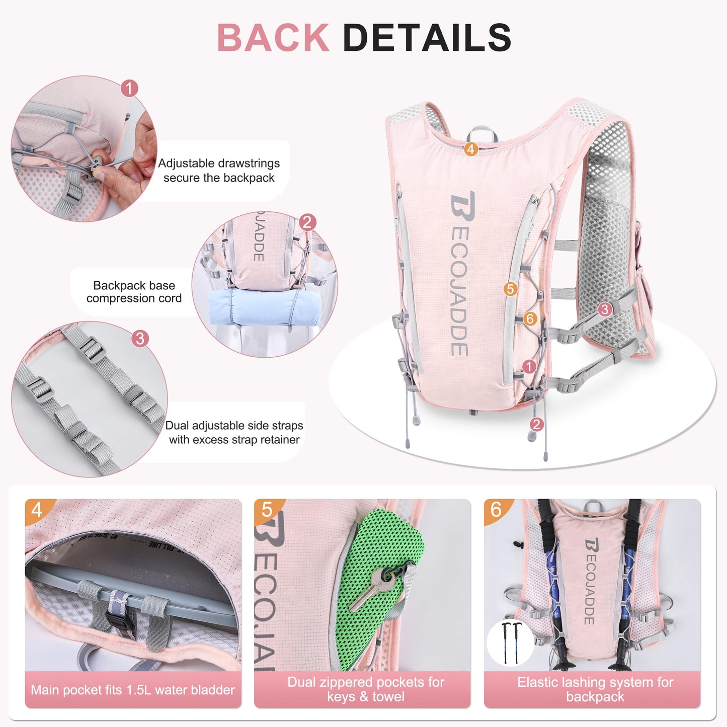 BECOJADDE Running Vest for Women Men, 5L Lightweight Hydration Backpack Running Pack for Marathon