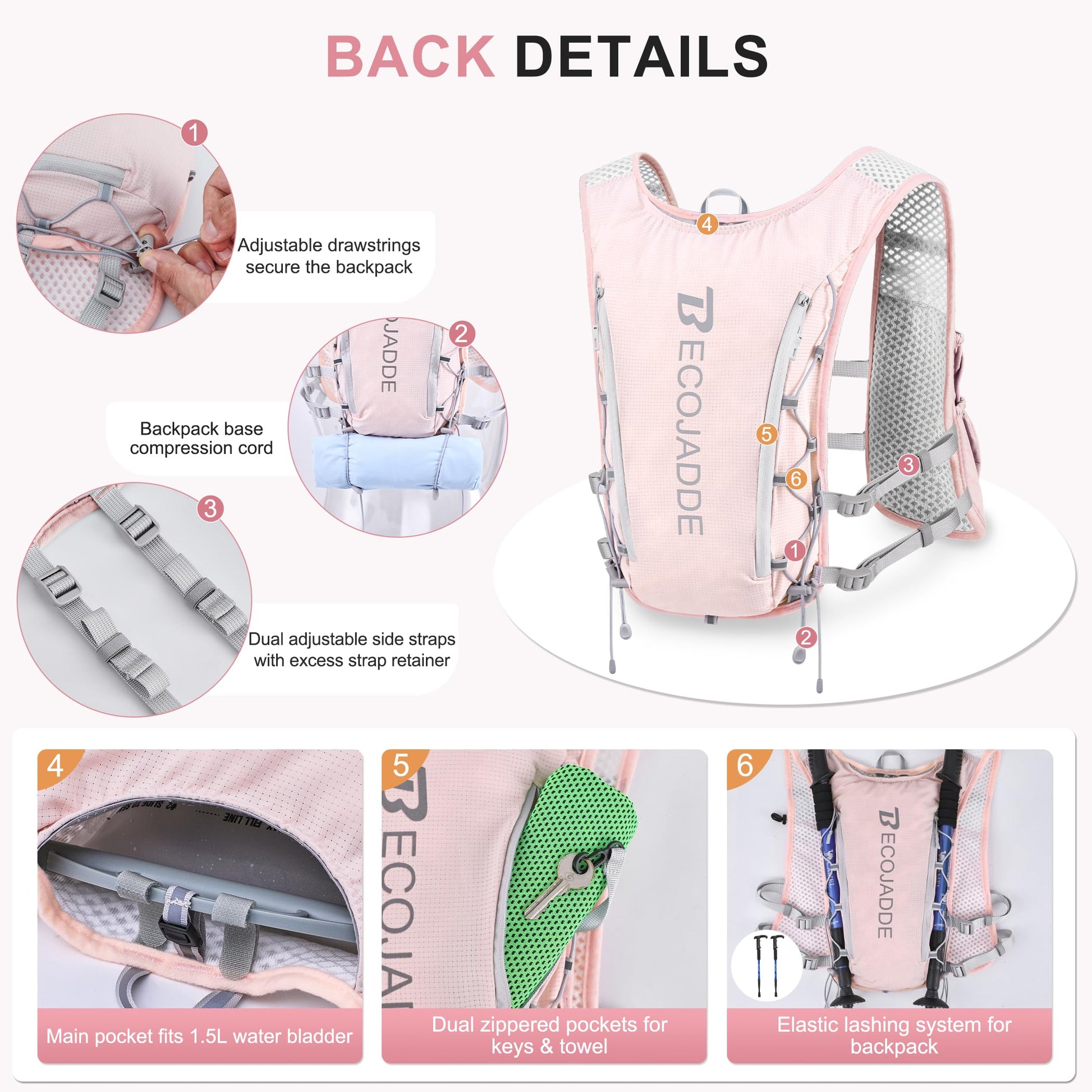 BECOJADDE Running Vest for Women Men, 5L Lightweight Hydration Backpack Running Pack for Marathon