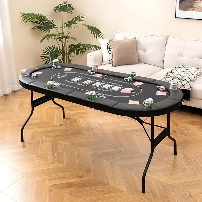Goplus 72” Poker Table Foldable, 8 Players Card Board Game Table w/Deep Metal Cup Holders, Casino Grade Felt, Portable Folding Oval Blackjack Table for Texas Holdem, No Assembly Required (Black)