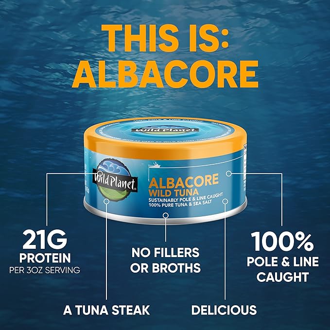Wild Planet Albacore Wild Tuna, Sea Salt, Canned Tuna, Sustainably Wild-Caught, Pole & Line, 5 Ounce (Pack of 4), Packaging May Vary