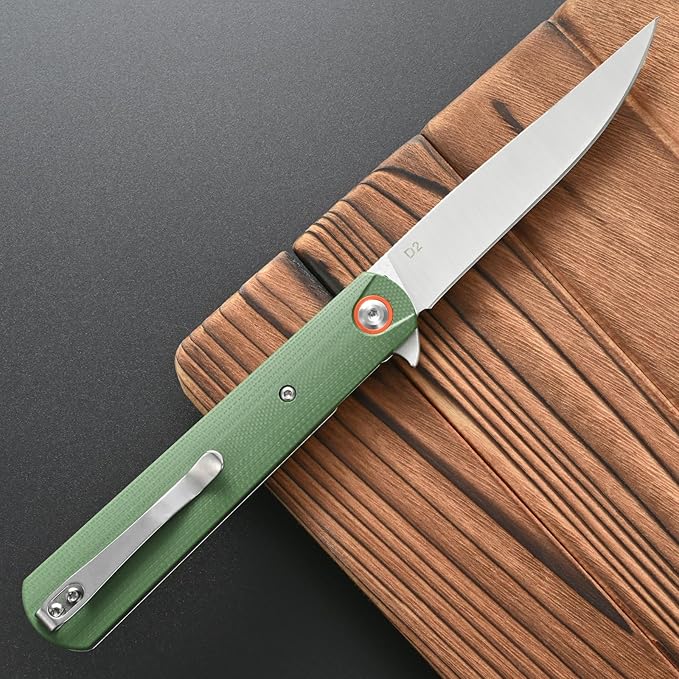 FF6 Folding Knife,D2 Steel Blade G10 Handle EDC Tool Knife for Camping,Hiking,Hunting,Fishing(Green)
