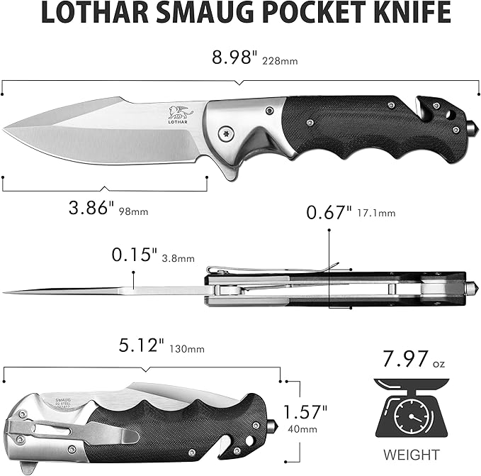 LOTHAR SMAUG Pocket Knife, 3.7 inch D2 Steel Folding Knife with Clip, Sharp Tactical Knife with G10 Handle, Glass Breaker, Pocket Knives for Men, Survival Knife Valentines Day Gifts for Him Men Women