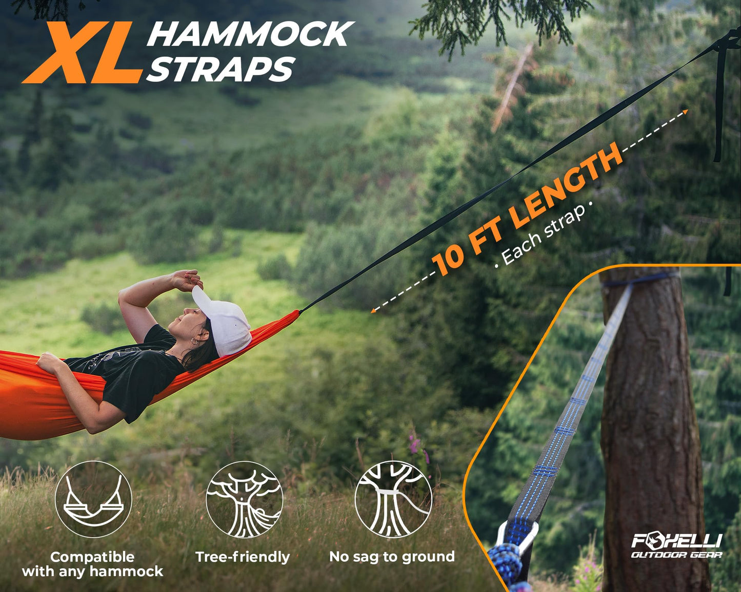 Foxelli XL Hammock Straps - Extra Long 20FT Heavy Duty No-Stretch Suspension System, 40+2 Loops