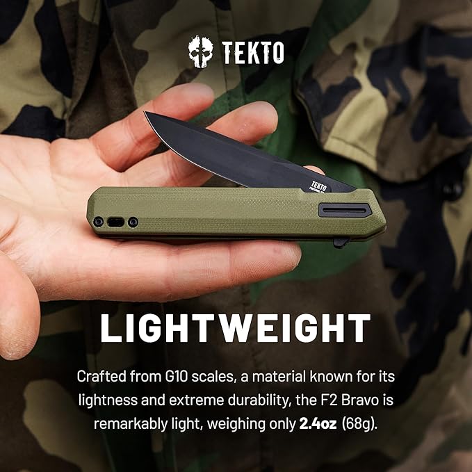 F2 Bravo Folding Pocket Knife - D2 Steel Blade, Ceramic Ball Bearings - EDC - Snap, Swift Flip for Camping, Backpacking - 2.4oz (68g), G10 OD Green Handle, Black Titanium Accents