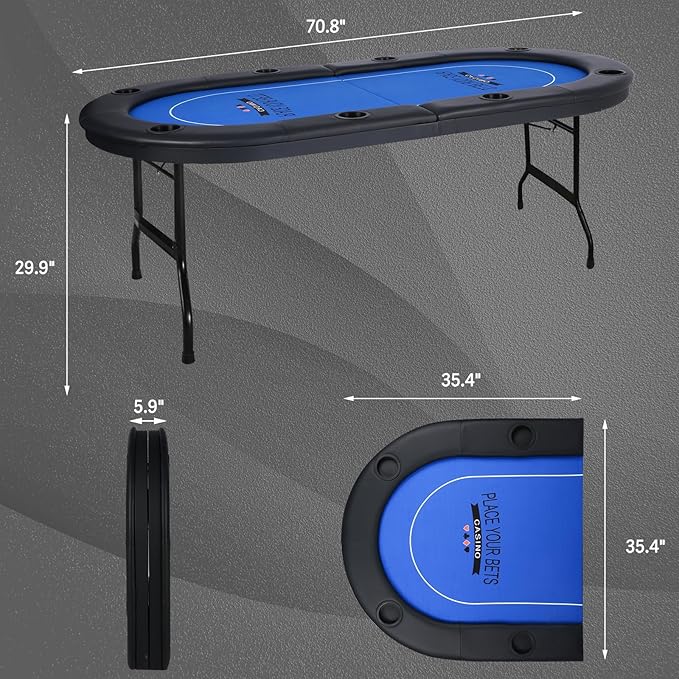 Upgraded 8 Player Poker Table with Plastic Cup Holder, Foldable Texas Hold'em Table, Portable Casino Table with Padded Rails, Blue Felt Surface, for Blackjack Card Game