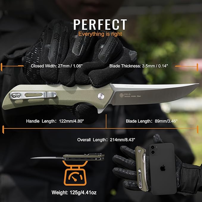 Heavy Outdoor Tactical Folding Pocket Knife for men,14C28N Stainless Steel Blade,G10 Handle,Liner Lock,EDC Hunting Bushcrafting Camping Knives Belt Clip Carry,Microtech Elemental Fishing Hiking,Father Dad Gifts Ruike p121