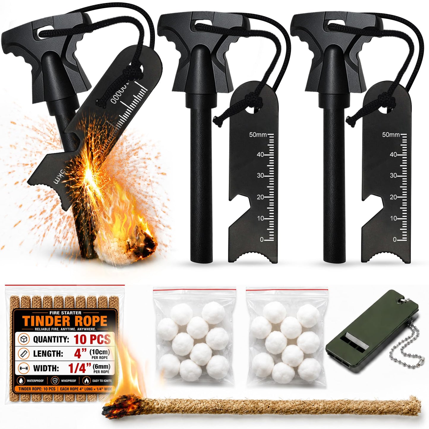 34PCS Fire Starter Survival Kit with 3 Ferro Rods & Striker Tinder