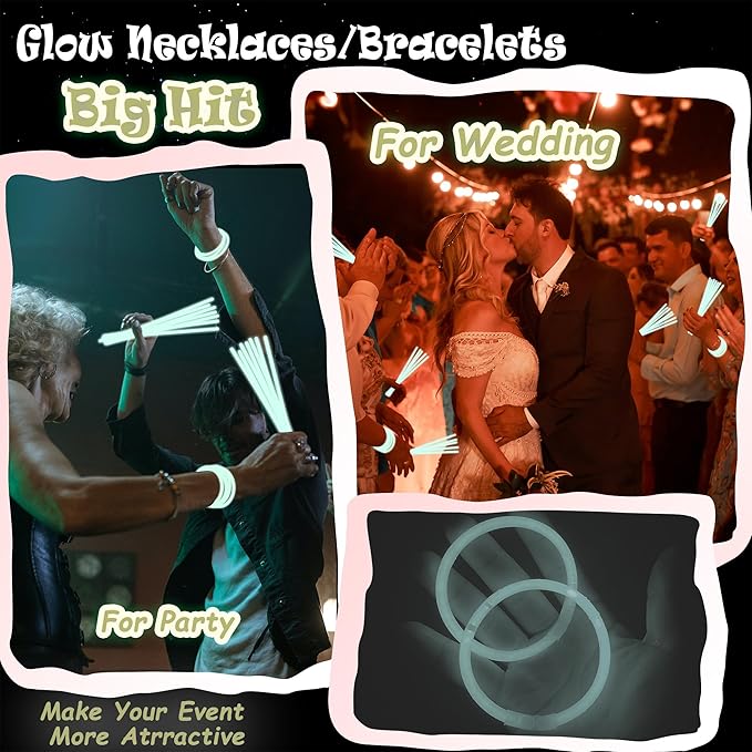 100 pk 8" White Glow Sticks Bulk Party Favors, Light up Glow Necklaces & Bracelets in the Dark Party Supplies For Christmas Halloween 4th of July Birthday Neon Party (100 * White)