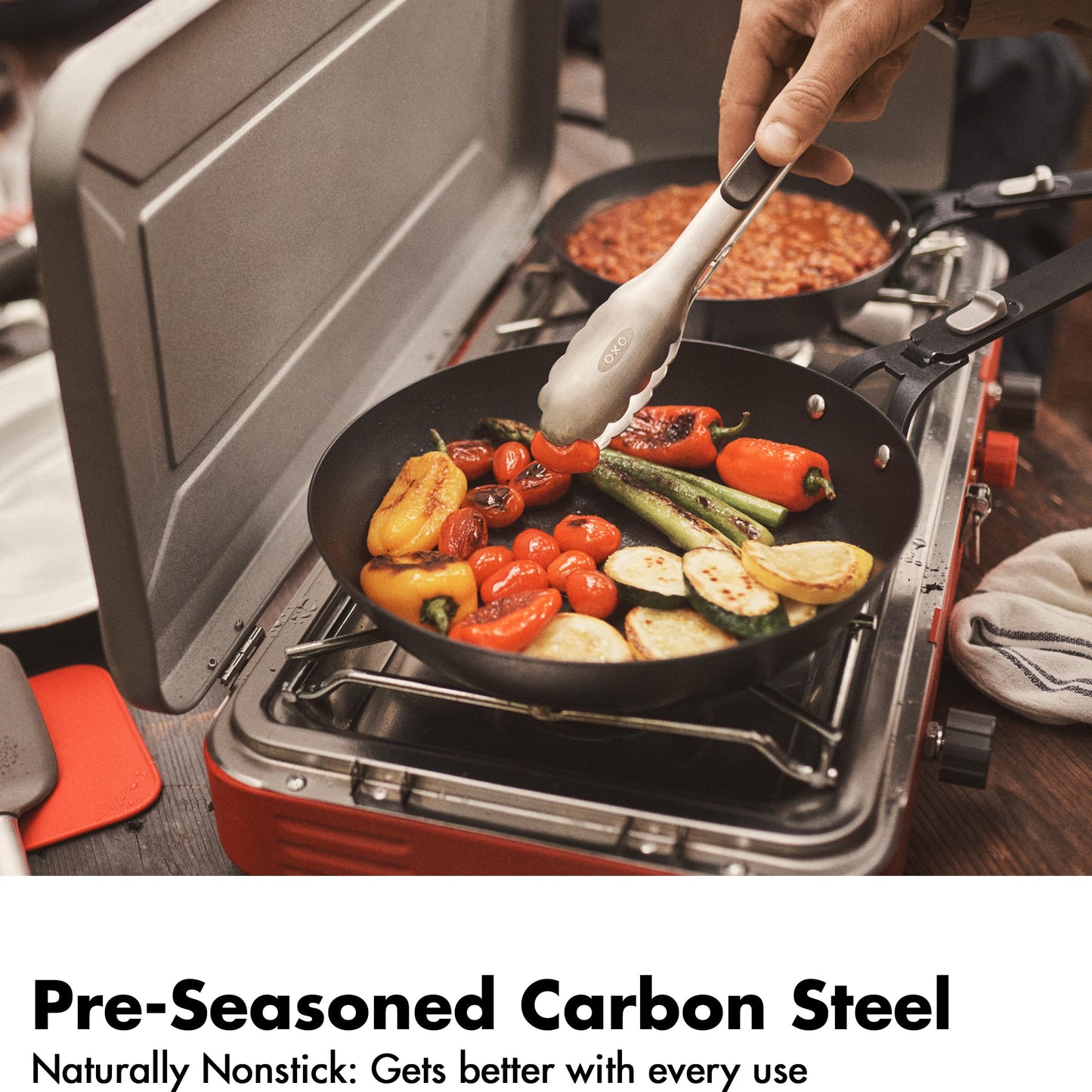 OXO Outdoor 8 Piece Camping Cookware Set, 10" Pre-Seasoned Carbon Steel Frying Pan Skillet, 2.25QT
