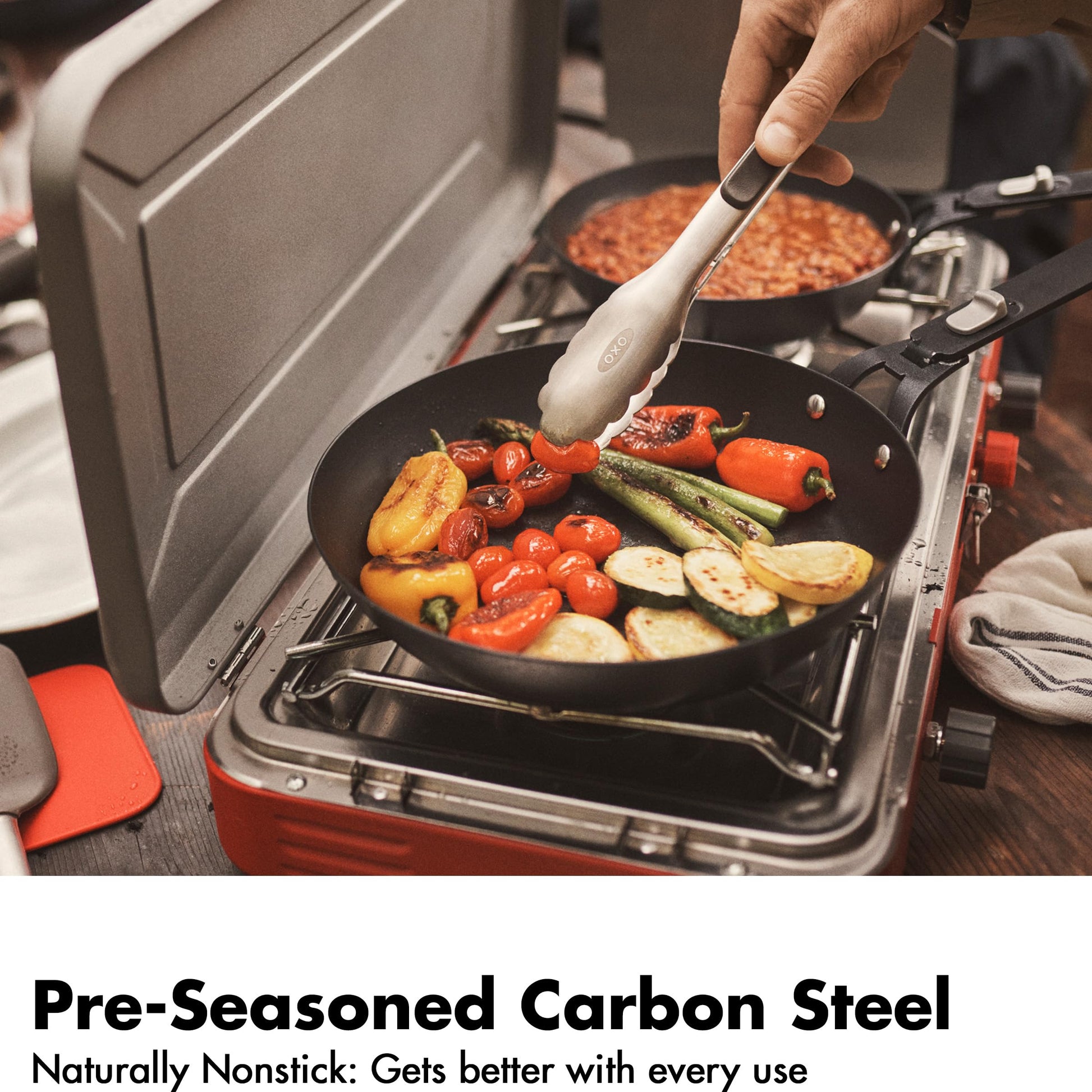 OXO Outdoor 8 Piece Camping Cookware Set, 10" Pre-Seasoned Carbon Steel Frying Pan Skillet, 2.25QT