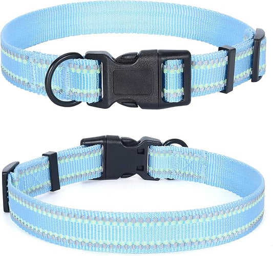 Mile High Life Reflective Dog Collar, Basic Dog Collars Adjustable Quick Release, Soft Nylon Pet Collar with Metal D-Ring for Small Medium Large Dogs (Blue, M Neck13-17")