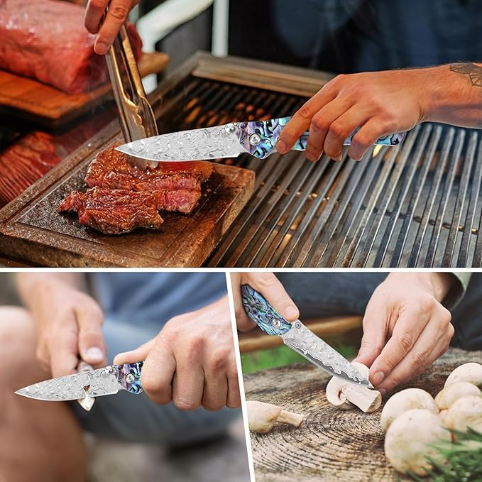 Handmade Damascus Steel Folding Pocket Knife - Abalone Shell Handle, Leather Sheath & Sharpener | Compact EDC Tool for Outdoor, Camping, Gifts