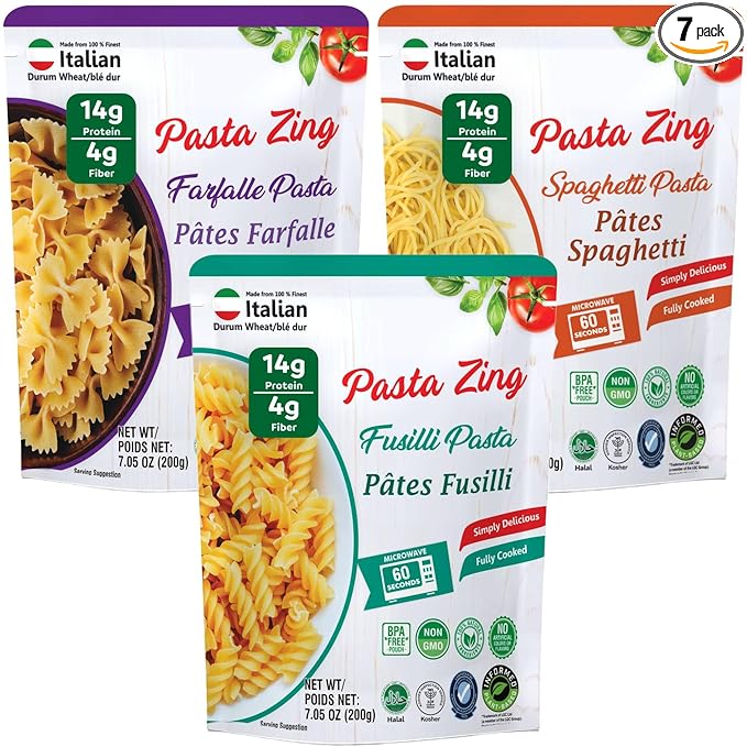 Pasta Zing Microwavable Variety Pasta Pack of 7 | 2x Farfalle | 3x Spaghetti, 2x Fusilli Pasta | Microwave Pasta Ready To Eat in 60 Sec - Fully Cooked -100% Durum Wheat 7.05 Ounce