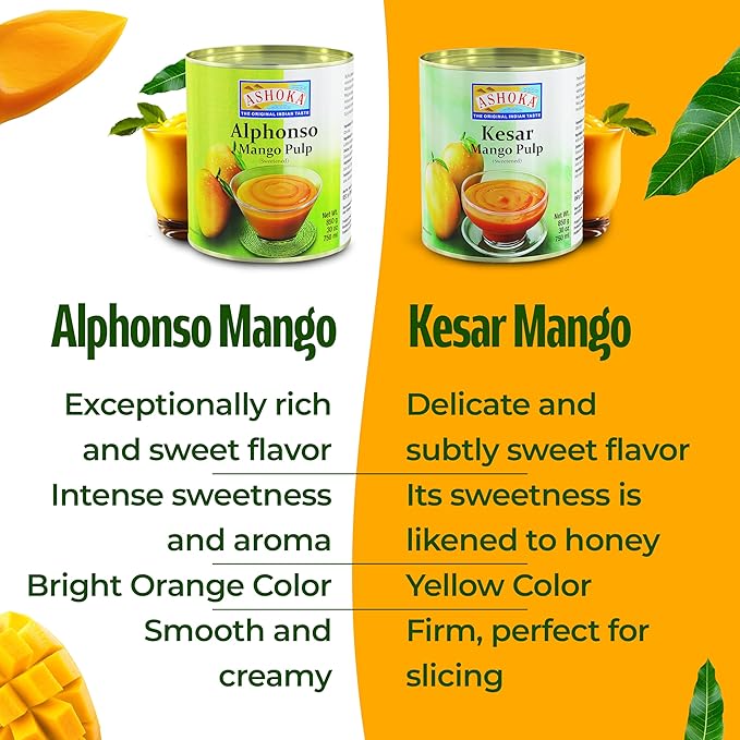 Ashoka Canned Mango Pulp, Premium Alphonso Mango Extract - Sweetened, Great for Making Shakes, Smoothies, Salads, and Baking, Kosher Certified, 30 Ounce
