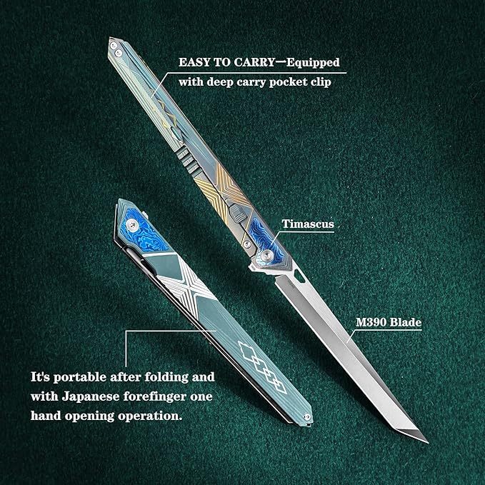 folding knife belt clip, M390 steel blade, outdoor camping knife, portable pocket knife titanium handle lightweight EDC men's pocket knife belt sheath