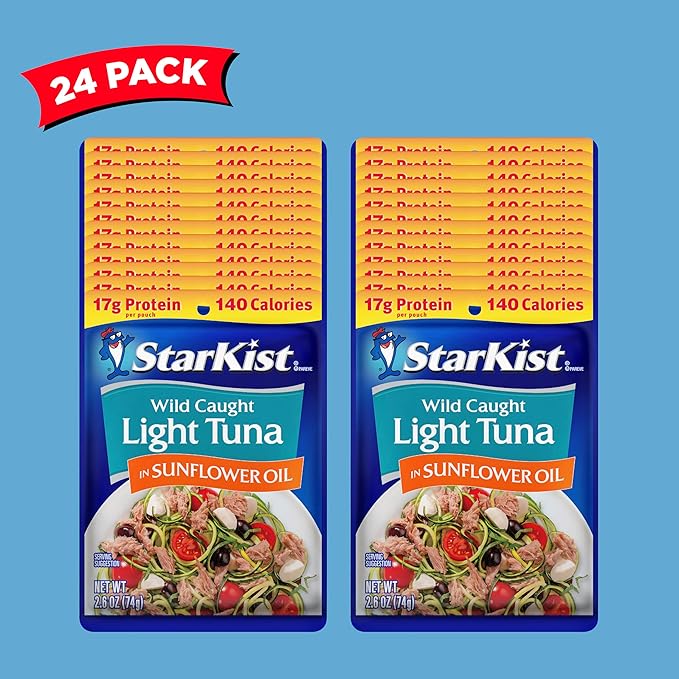 StarKist Chunk Light Tuna in Sunflower Oil, 2.6 oz Pouch (24 Pack) Ready to Eat Wild Caught Tuna, 17g Protein, 140 Calories Per Serving, Gluten Free, Soy Free, Kosher, Perfect for Meals and Snacks