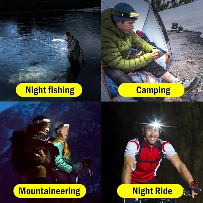 AURUZA 2PCS Headlamp Flashlight,2 COB 230°Wide Beam Headlight Rechargeable LED Headlamps with Motion Sensor Bright 5 Modes Three Light Strips Waterproof Head Lamp for Outdoor Running, Camping Hiking