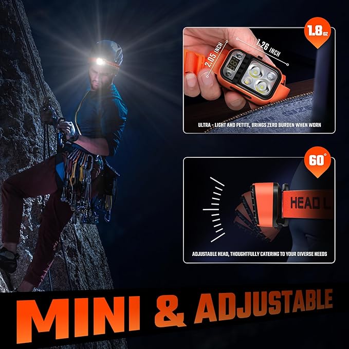 DARKBEAM LED Headlamp High Lumens USB Rechargeable Dual Light Headlight for Hardhat with Motion Sensor, Digital Power Display, Up/Down Adjustable, Waterproof Head Lamps for Camping, Repairs, 2 Pack