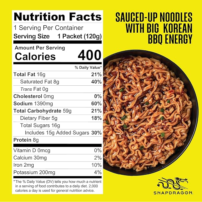 Snapdragon Saucy Instant Noodles with Korean BBQ Slurpable Sauce - Quick Meal, Snack, and Lunch. 4-Pack Microwave Noodles for Cup, Bowl, Ramen or Asian Stir Fry