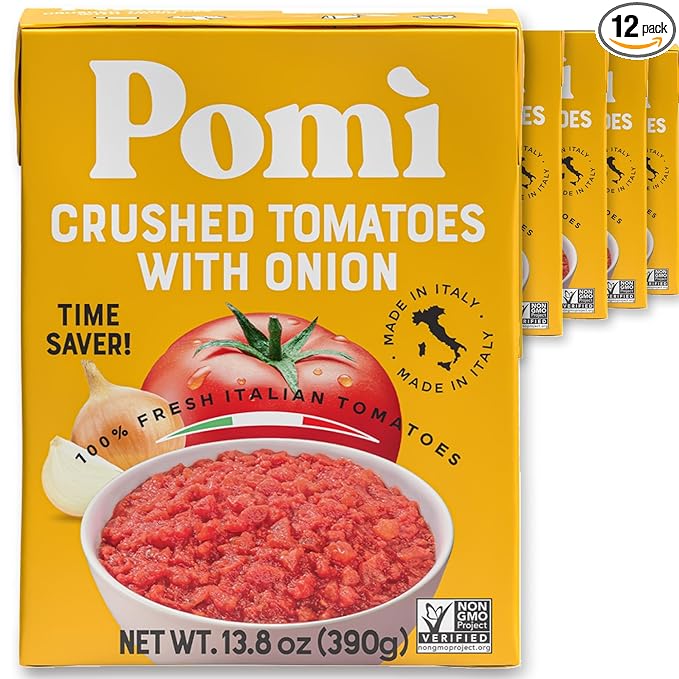 Pomì Crushed Tomatoes with Onion 13.8oz (Pack of 12) - Creamy, Velvety Italian Tomato Sauce No Salt Added, No Additives or Preservatives - BPA free Tomato Crushed - Made from 100% Fresh Italian Tomatoes