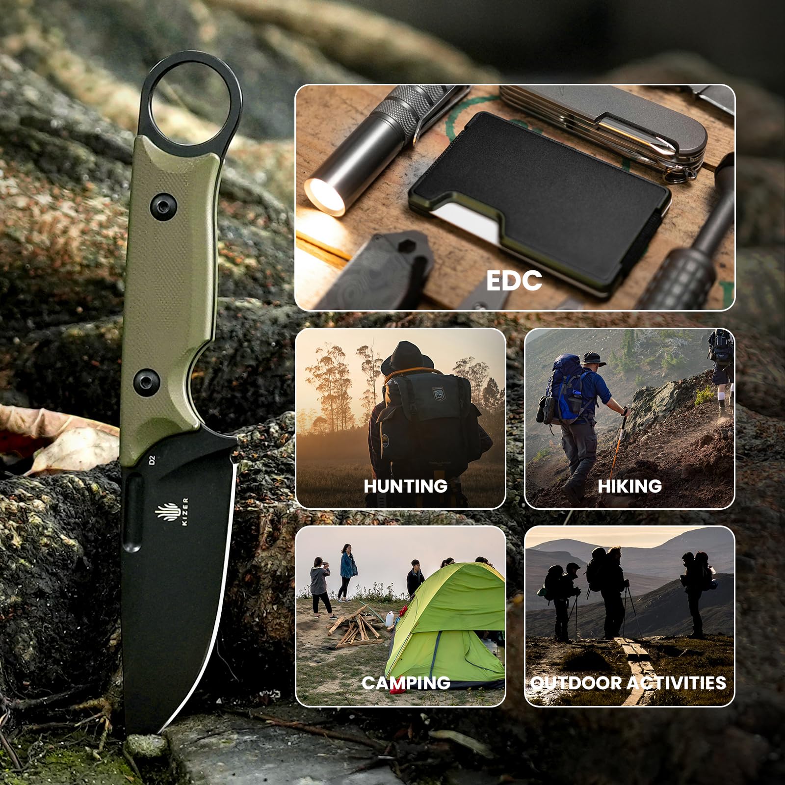 Kizer Cabox Fixed Blade Knife, 3.36" D2 Steel Fixed Blade Hunting Knife