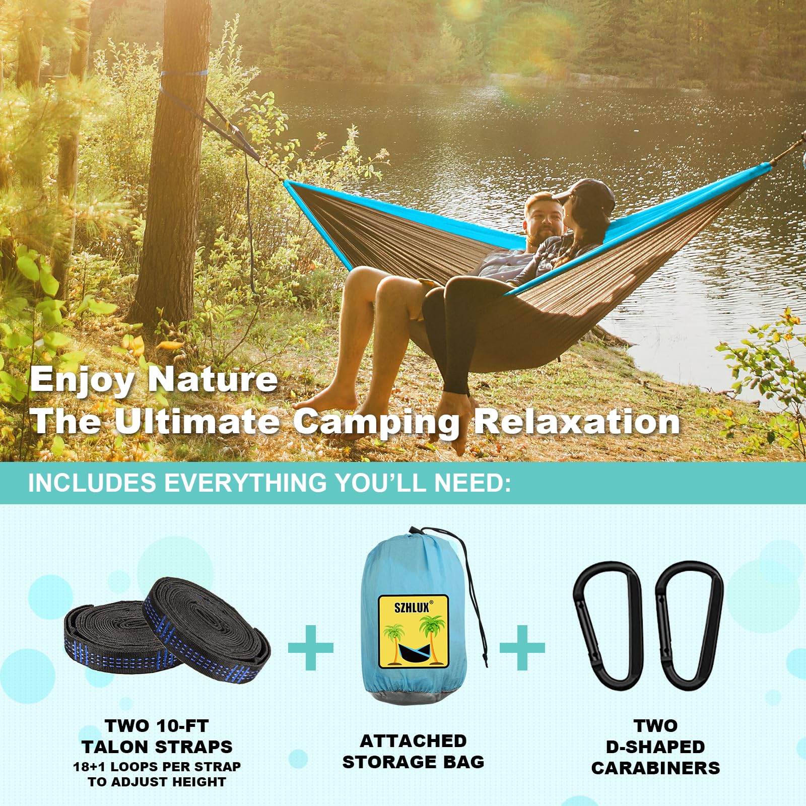SZHLUX Camping Hammock Double & Single Portable Hammocks with 2 Tree Straps and Attached Carry