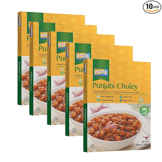 Ashoka Indian Entrees 1932, Vegan Savory Chickpeas, All-Natural, Heat & Serve Instant Meals, Punjabi Choley, Kosher Certified, Travel Friendly, Gluten-Free, and with No Preservatives, Pack of 10
