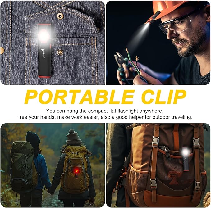 ULTRAFIRE EDC Flat Flashlight, 300 Lumen Rechargeable Magnetic Compact Pocket Light with Clip, 4-Mode Dual-Light LED Flashlight for Outdoor, Work, Emergency Gear S2