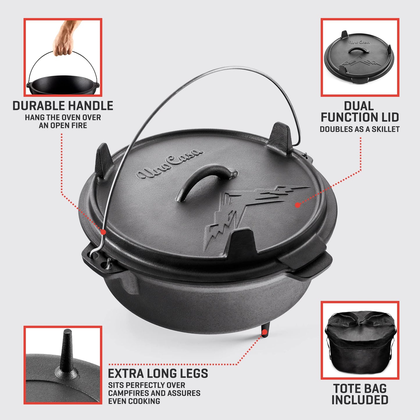 Uno Casa 6Qt Cast Iron Camping Dutch Oven with Lid Lifter and Storage Bag - Pre-Seasoned Outdoor