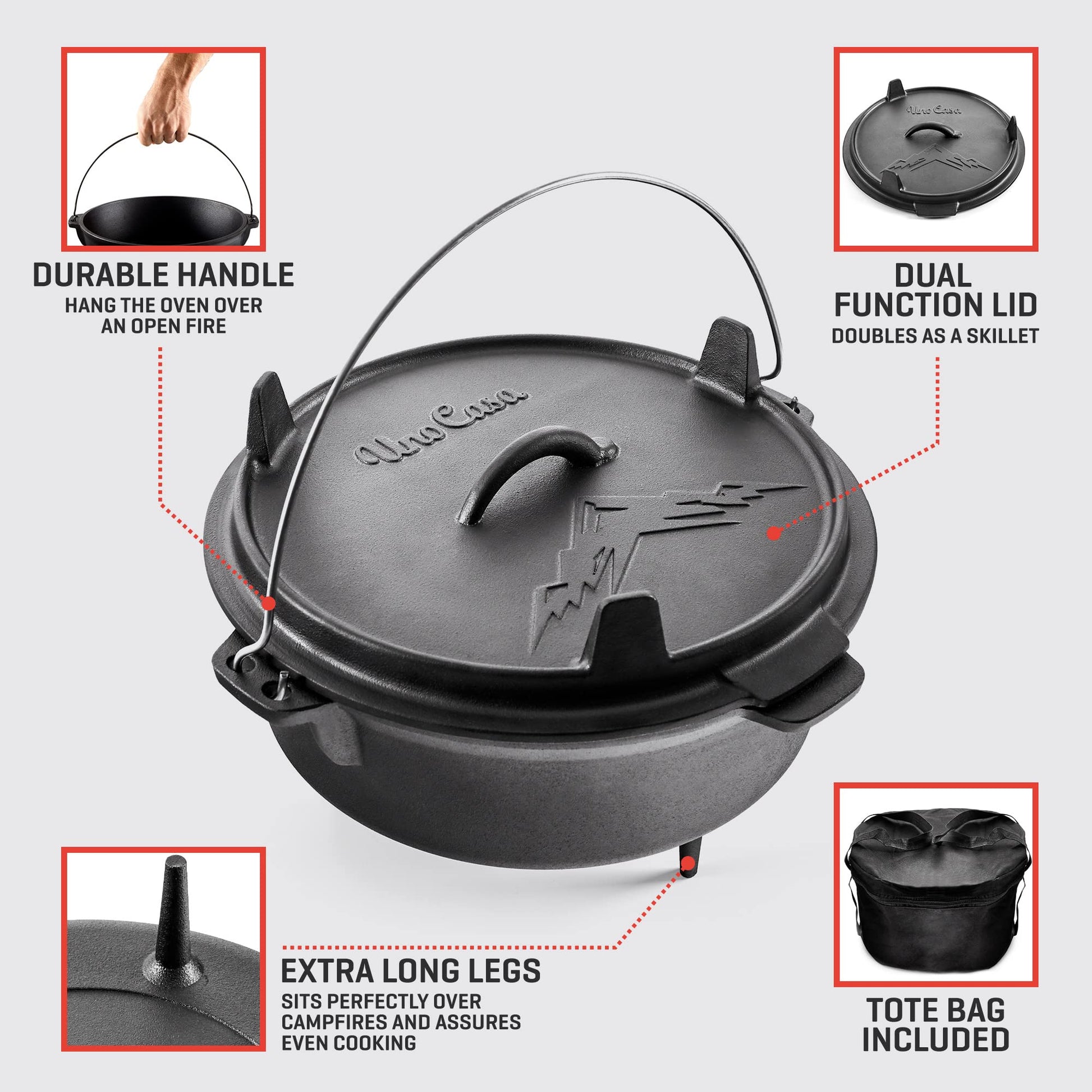 Uno Casa 6Qt Cast Iron Camping Dutch Oven with Lid Lifter and Storage Bag - Pre-Seasoned Outdoor