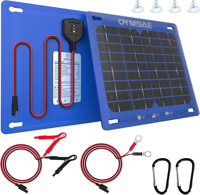 OYMSAE 7.5W 12V Blue Solar Panel Portable Waterproof Trickle Battery Charger & Maintainer for Car Boat RV with Cigarette Lighter Plug & Alligator Clip