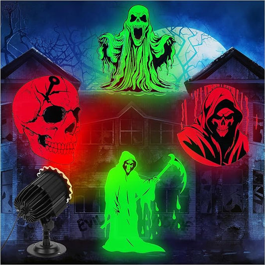 Halloween Projector Light, 3D Dynamic Skull Ghost Projector Decorations Lights, Waterproof Light for Halloween Party Yard Decor, Home Window Wall Decor (Plug in and Use Directly)